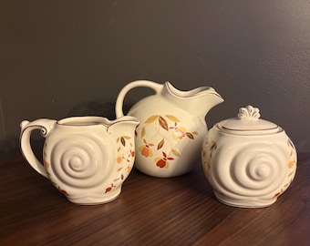 Vintage Hall China Autumn Leaf (Jewel Tea) Creamer, Sugar, Pitcher Set – Nautilus Shape NALCC