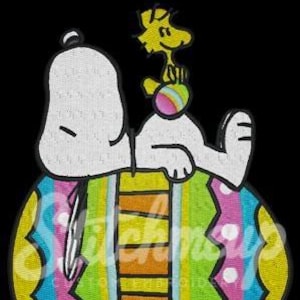 May include: Snoopy and Woodstock are sitting on a large Easter egg. The egg is decorated with colourful stripes and polka dots. Snoopy is wearing a white shirt and has his arms around the egg. Woodstock is perched on top of the egg and is holding a small yellow egg.