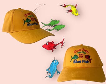 One Fish Two Fish Red Fish Blue Fish Yellow Embroidered Youth Cap Read Across America Week Reading Dr. Seuss Cat in the Hat