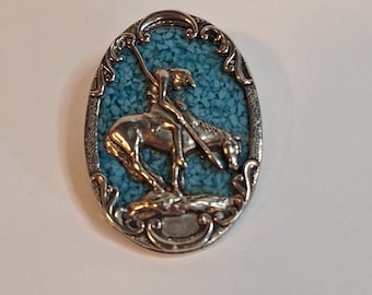 Vtg Silver & Turquoise Color Bolo Tie,  End of the Trail Design, Nice Western