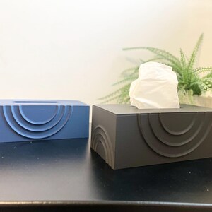 May include: Two rectangular tissue boxes, one navy blue and one dark grey, sit side-by-side. Each box features a semi-circular, layered design on the front. The grey box holds white tissues. A green plant is in the background.
