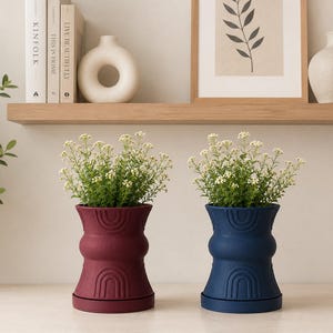 Bloempot met schotel | Moderne 3D-geprinte marineblauwe bloempot met lekbak: moderne woondecoratie