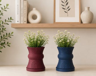 Planter Pot with Saucer | Modern 3D Printed Navy Blue Planter with Drip Tray: Modern Home Decor
