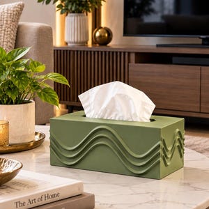May include: A rectangular olive green tissue box cover featuring a raised, three-dimensional wave pattern along its sides. The box has a central rectangular opening at the top, from which a single white paper tissue is pulled upwards.
