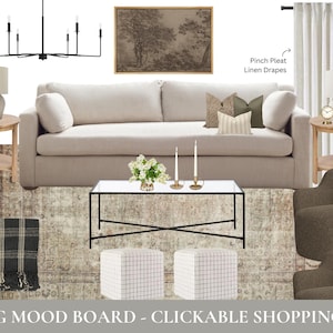 Diseño prediseñado de tablero de inspiración para sala de estar moderna y con ambiente, servicio de diseño de interiores virtual, servicio de diseño electrónico, decoración del hogar, diseño de descarga instantánea
