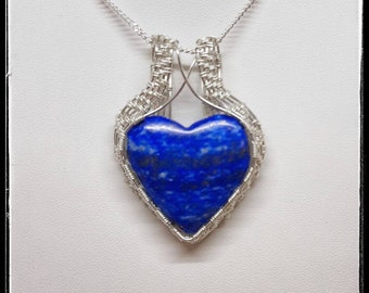 Lapis Lazuli Heart Woven Sterling Silver Pendant