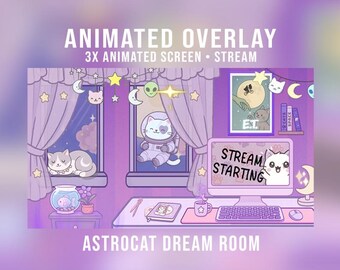 Pantallas animadas de transmisión de un gato astronauta | Habitación acogedora en tonos morados y lilas | Superposición de Twitch lo-fi