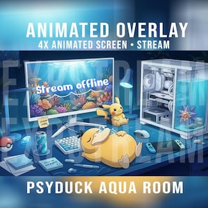 Pode incluir: Uma sobreposição de transmissão animada com uma configuração de mesa, um monitor exibindo um recife de coral e o texto Stream offline. Um personagem Psyduck amarelo está deitado na mesa, com uma figura Pikachu, um PC e acessórios.