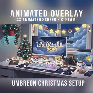 Paquete de superposición animada para habitación nocturna de Umbreon, Lofi acogedor, Magikarp brillante, sala de juegos navideña de Pokémon para OBS, Twitch, YouTube, Kick y más