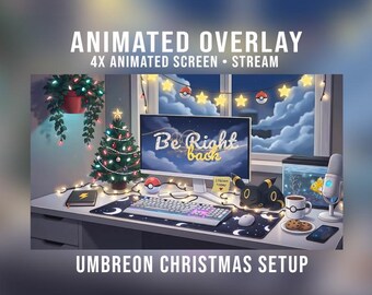 Paquete de superposición animada para habitación nocturna de Umbreon, Lofi acogedor, Magikarp brillante, sala de juegos navideña de Pokémon para OBS, Twitch, YouTube, Kick y más