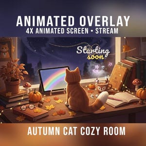 Animated Stream Package Fall Cat Cozy Room, Aesthetic Autumn Twitch Overlay with Cat, Pumpkin, Leaf, Mushroom, Coffee, Books, Lights