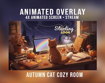 Paquete de transmisión animada "Habitación acogedora de gato otoñal", superposición estética otoñal para Twitch con gato, calabaza, hoja, hongo, café, libros y luces.