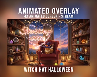 Lindo Eevee con sombrero de bruja - Paquete de superposiciones animadas de calabaza de Halloween, acogedor Lofi, Pokémon, otoño, sala de juegos de Pokémon de Halloween