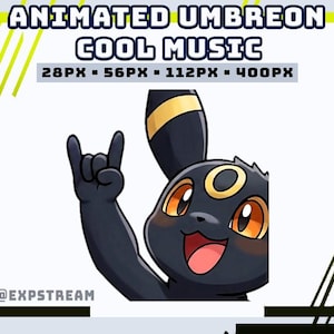 Puede incluir: Gráfico animado de Umbreon con el texto "COOL MUSIC" y especificaciones de tamaño. El personaje Umbreon es negro con detalles amarillos, ojos naranjas y una expresión sonriente con la mano en un gesto de rock.
