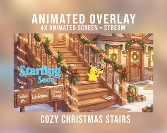 Navidad acogedora con superposición animada de Pikachu: transmisión, escalera navideña, decoraciones navideñas, para Twitch y YouTube