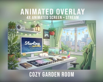 Pantallas de transmisión de una acogedora y linda sala de juegos verde lo-fi (descarga digital animada)