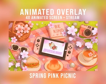 Bonita superposición animada para stream | Acogedor estilo picnic rosa primaveral | Twitch | Estética primaveral