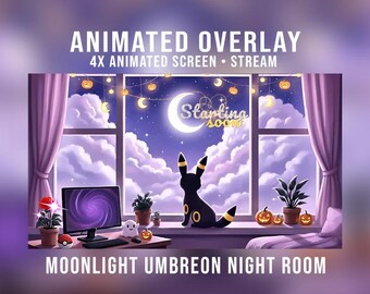 Paquete de superposiciones animadas de la sala nocturna Moonlight Umbreon, Cozy Lofi, Pokémon, Leyendas Z-A, Sala de juegos de Pokémon de Halloween