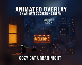 Pantalla animada "Noche de gatos acogedores" | Transmisión en Twitch | Nota | Lindo | Gato negro