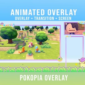 May include: An animated overlay design with the text "ANIMATED OVERLAY" and "POKOPIA OVERLAY". The design features a cartoon landscape with trees and characters, along with sections for a camera and chat.