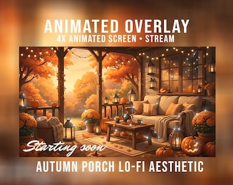 Paquete de pantallas animadas para streaming con un acogedor porche otoñal y estética lo-fi. Incluye 4 superposiciones asequibles para Twitch/Kick para streamers.