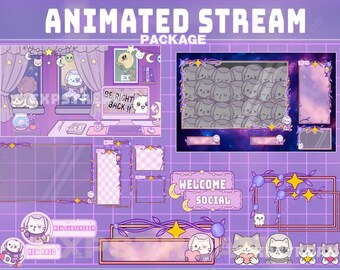 Astronaut Cat Animated Twitch Package | Purple Lilac Room Theme | Cute Overlay