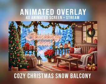 Paquete de 4 pantallas animadas para streaming con temática navideña acogedora, balcón nevado y estética lofi. Incluye 4 overlays económicos para Twitch/Kick para streamers.