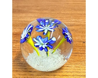 Art Glass Paperweight Millefiori Blue Yellow Flowers Murano Style, Murano