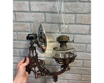 Antique Victorian Cast Iron Wall Bracket Oil Lamp Swing Arm Complete