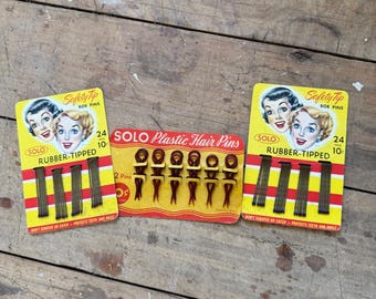 Vintage NOS SOLO Bob Pins Rubber Tip Plastic Hair Pins Display Cards Lot of 3
