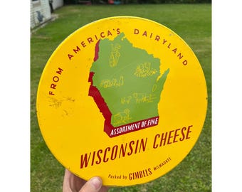 Vintage Wisconsin Cheese Advertising Kitchen Tin Can 10" Gimbels