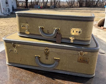 Vintage U.S. Trunk Co. Luggage Set - Matching Pair With Brass Hardware & Leather Handles