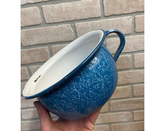 Antique Primitive Blue and White Sponge/Splatter Print Enamel Graniteware Handled Chamber Pot / Farmhouse Decor