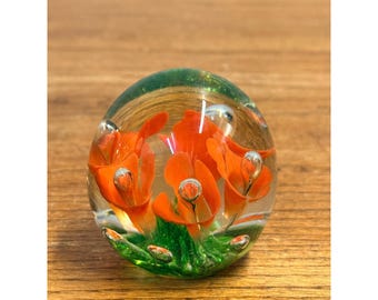 Art Glass Joe St. Clair Paperweight Millefiori Orange Green Flowers Murano Style, Murano