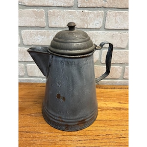Antique Primitive Graniteware Cowboy Coffee Pot Enamelware Gray Farmhouse