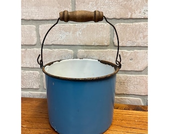 Antique Primitive Dark Blue Enamel Graniteware Handled Lunch Pail / Farmhouse Decor / No Lid