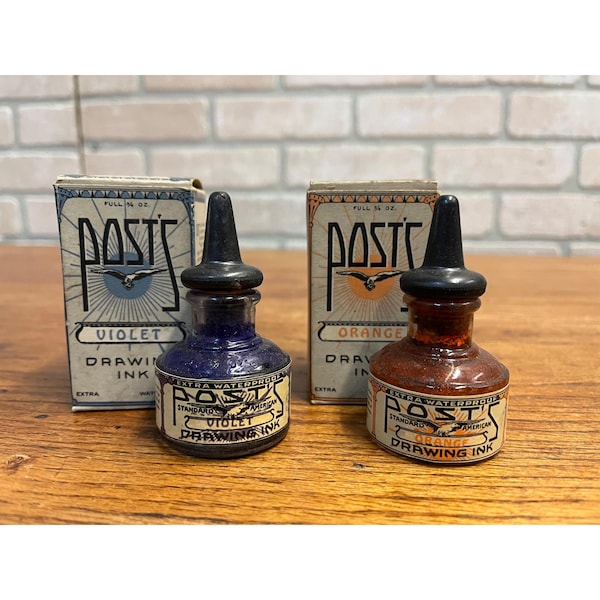 Scarce Post's American Orange Violet Drawing Ink 1930s Bottles W/ Box