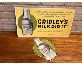 Vintage 1940s Gridley Dairy Milwaukee Wisconsin Cardboard Advertising Sign Store Display