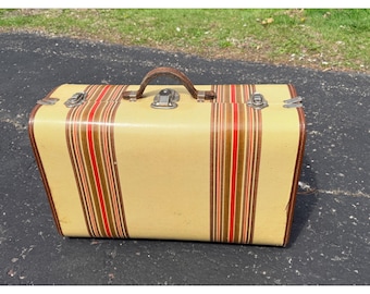 Vintage 1950s Striped Fiberboard Suitcase Train Case Cardboard Luggage Retro Travel