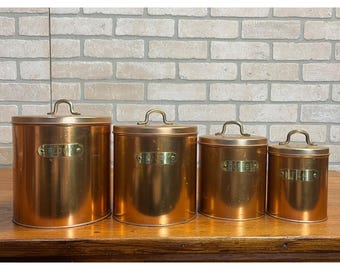 Vintage c1960s Nesting Kitchen Canister 5pc Set Copper Colored Retro Sugar Coffee ++
