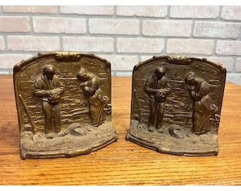 Antique Bronze Vintage Library Bookends, Farmer Wife Praying Angelus at Harvest