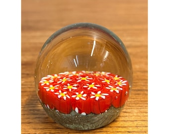Vintage Murano Millefiori Glass Paperweight Red Flowers
