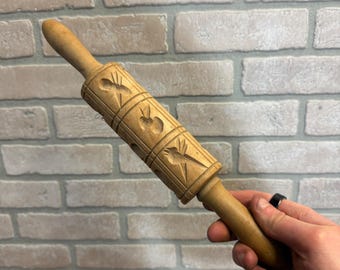 Antique Wooden Dough Mold Rolling Pin  Primitive Farmhouse Tool 1900s