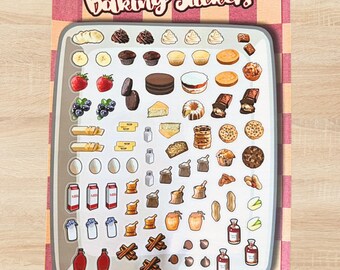 May include: A sticker sheet titled Baking Stickers featuring a variety of illustrated baking ingredients and finished treats including fruits, dairy products, eggs, flour sacks, spices, chocolate, cookies, and cakes arranged on a gray tray background.