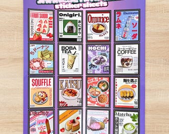 May include: A sticker sheet with a purple gradient background featuring sixteen individual rectangular designs of Japanese food and drink items, each styled like a magazine cover with text including Fruit Sando, Onigiri, Omurice, Ramune, Mochi Donuts, Boba Tea, Mochi, Coffee Jelly, Souffle Pancakes, Katsu, Noodles, Tamagoyaki, Strawberry Milk, Cheesecake, Sakura Mochi, and Matcha.