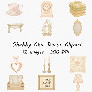 watercolor shabby chic decor clipart, shabby chic clipart, vintage decor clipart, birdcage clipart, books clipart, vintage teacup clipart