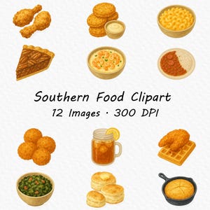 clipart de comida sulista em aquarela, clipart de pratos sulistas, clipart de comida caseira, clipart de comida frita, clipart de frango frito, clipart de frango