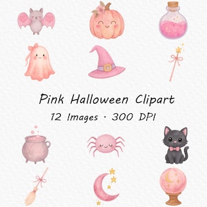 clipart halloween rose aquarelle, clipart citrouille rose, fantôme rose, chat rose, chaton rose, chapeau rose, araignée rose, lune rose, sorcière rose
