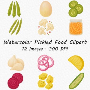 clipart aquarelle de nourriture marinée, clipart de légumes marinés, oeuf mariné, légumes marinés, concombre mariné, carotte marinée, radis mariné
