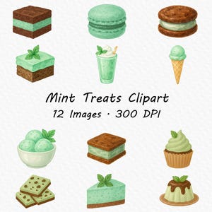 watercolor mint treats clipart, mint cookies, mint ice cream, mint milkshake, mint cupcake, mint cake, mint sweets, mint desserts clipart